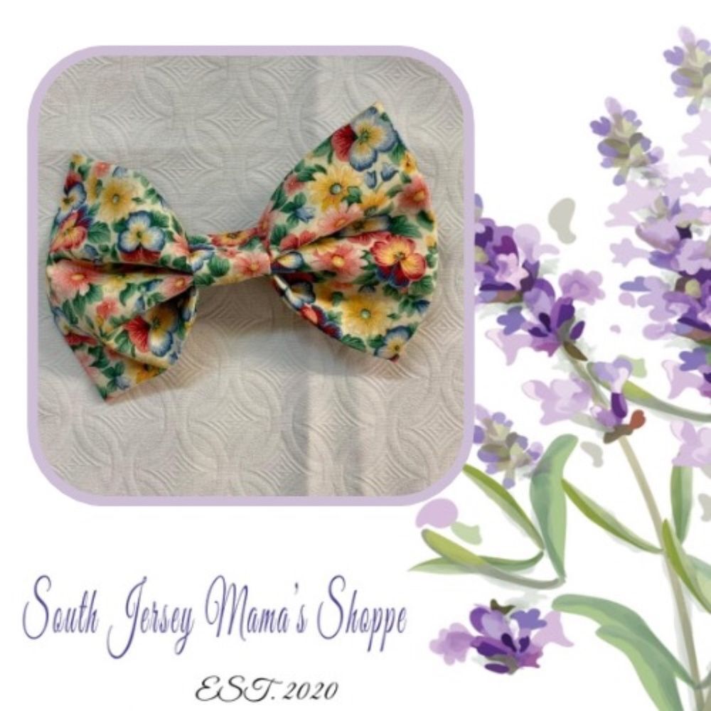 Vintage Fabric Handmade Hair Bow Pretty Yellow, Blue, Pink Flowers 100% Cotton
